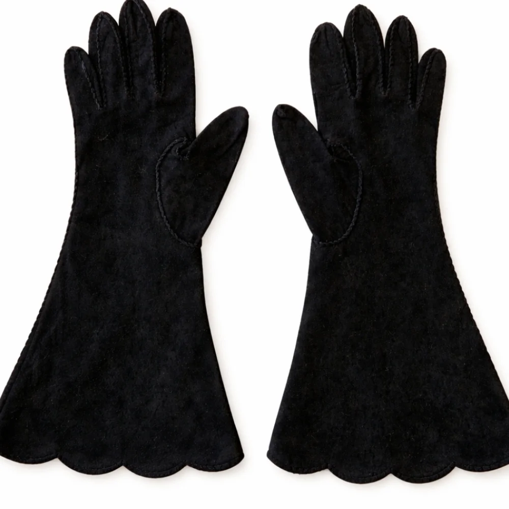 Vintage Juliette Black Suede Opera Gloves Scalloped Edge Formal Evening 6.5